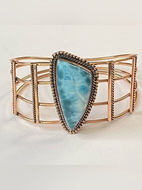 Larimar Copper Cuff Bracelet  Artisan Style Blue Caribbean Stone Adjustable
